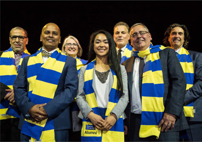 From left: President Mohamed Lachemi with award recipients Sathish Bala, Louise Penny, Anna Amy Ho, David McKibbon and Bruce McCuaig, and Ian Mishkel, VP, University Advancement and Alumni Relations.