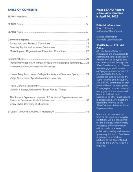 SEAHO Report - Winter 2023 - Contents